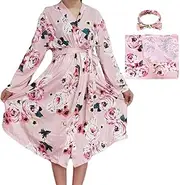 SUFEINI Maternity Robe and Matching Baby Swaddle Blanket Set, Mommy Robe with Receiving Blanket Girls Boys Sleepwear, A01-pink, Medium