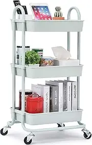 TOOLF Utility Rolling Cart with Lockable Wheels, Multi-Purpose Storage Organizer, Organizer Trolley with Handles, Serving Trolley with Mesh Basket for Home, Office, Kitchen, Bathroom (Green)