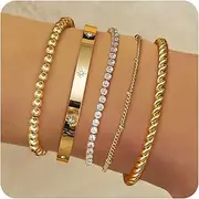 [Sanfenly] Gold Bracelets Jewelry Set for Women 14k Real Gold Bangle Cuff Bracelet Set Gold Plated Beaded Paperclip Cuban Chain Bracelet Cubic Zirconia Tennis Bracelet for Women Stack