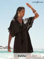 Love & Roses Black Petite Mini Lace Trim Tassel Tie Detail Kaftan (AK7155) | $90