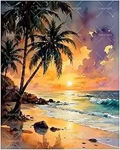 Tropical Landscape Paint by Numbers Kit for Adults - DIY Orange Sunset Beach with Palm Trees Painting on Canvas 16x20 Inches, Acrylic Paint Set,Suitable for Beginners,Art for Home Decoration