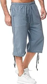 [JEShifangjiusu] Men's Causual 3/4 Long Cotton Shorts Drawstring Elastic Waist Cargo Straight Shorts Wide Leg Baggy Pants, Blue B1, XL