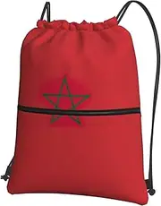 EdWal Flag Of Morocco Print Drawstring Backpack Gym Bags Sports Bags With Zipper Pocket For Travel Beach, Black, One Size