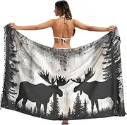 [XYMZR] Women's Sarong Swimsuit Coverups Moose Forest Vintage Chiffon Bikini Wraps Skirt with Tassels L