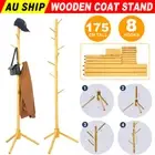 Wooden Coat Rack Tripod Stand Storage Clothes 8 Hook Hallway Space Saving Shelf