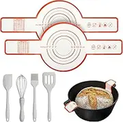 6pcs Silicone Bread Sling for Dutch Oven, Non-Stick & Easy Clean Reusable Bread 8.3 Inch Baking Mat with Long Handle &1 Set of Silicone Brush, Eggbeater & Spatulas