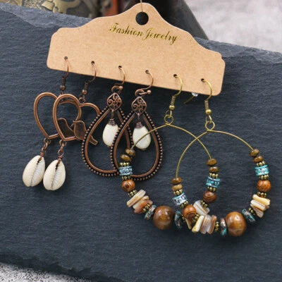 3 Pairs/Set Bohemian Boho Earrings Hook Drop Dangle - Shell, Heart, Hoop, C#3