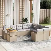 10 Piece Beige Poly Rattan Garden Sofa Set with Cushions - Outdoor Patio Furniture Set, Adjustable Table for Balcony or Porch - Wicker Chairs and Table Set, UV Resistant, Modular Design