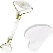 Jade Face Roller & Gua Sha Set, Facial Beauty Roller and Face Massager Skincare Tools, Anti Aging, Reduce Wrinkles and Relieve Muscle Tension, Crystal White