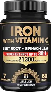 Iron Supplement with Vitamin C - 7in1 Combined with Beet Root, Spinach, Kale, Swiss Chard & Pumpkin Seed - 60 Capsules