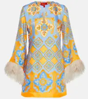 [La DoubleJ] La DoubleJ Printed feather-trimmed silk minidress UK 6 blue