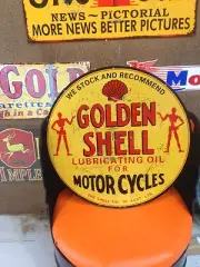 GOLDEN SHELL OIL MOTORCYCLES 600MM DIAMETER TIN METAL SIGN HEAVY DUTY PETROL