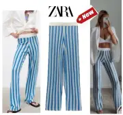 Zara Pants Womens Small Linen Blend Striped Knit Beach Pull On Blue White NWT