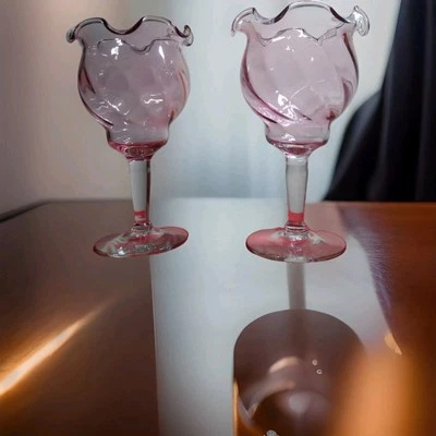 Ruffled Pnk Compote Fruit Bowls Set of 2 - 1980s circa