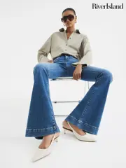 River Island Blue High Rise Tummy Hold Flare Jeans (F66510) | $122