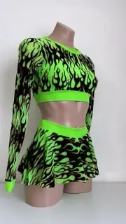 Schminke flame long sleeve mesh crop top skater skirt bottoms dance wear UV