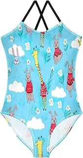 [RPLIFE] Whimsical Giraffe Red Blue Girls' Swimwear, Beach Apparel 3-10 Y with Adjustable Shoulder Strap, 3-10 Y