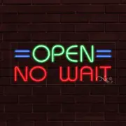 NEW "OPEN NO WAIT" w/LOGO 30x12x1 INCH LED FLEX WINDOW/WALL INDOOR SIGN 31212