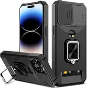 for iPhone 14 Pro Case with [Card Holder] and [Slide Camera Cover] and [360° Rotate Ring Kickstand] Heavy Duty Protective Phone Cover Case for Apple iPhone 14 Pro 5G 6.1inch -Black