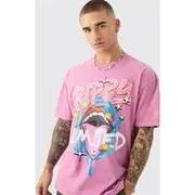 Mens Pink Oversized Trippy Lip Graphic T-shirt