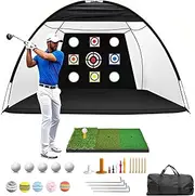 Golf Practice Net, 10x7FT Golf Net with Tri-Turf Mat & 10 Balls, Hitting Aid Nets for Backyard Driving Chipping Training Swing with Target Mat Balls for Outdoor Indoor, Gifts for Men/Dad/Him
