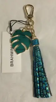 Brahmin Melbourne Palm Leaf Tassel Bag Charm Key Fob PEACOCK Teal Blue Green NWT