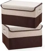 2 Pack Foldable Storage Box Stackable Bins with Lids Handles 29L Coffee Beige