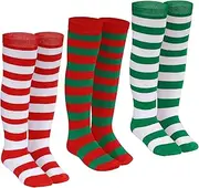 [Dxhycc] 3 Pairs Christmas Striped Knee High Socks Elf Candy Knee High Socks Red White Green Stripe Socks Long Xmas Socks for Girls Christmas Party, Red,green, White