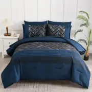 Comforter Set Size, 7 Pieces Stripe Geometric Bed in a Bag, Queen Navy Blue