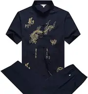 [vkvk] Tang Suit Men Hanfu Chinese Traditional Clothes Kung Fu Wushu Tai Chi Costumes Dragon Embroidery Shirt+Trousers Set