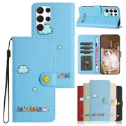For Samsung Galaxy S23 S22 S21 S20 Note 20 Cat Pattern Stand Wallet Card Case