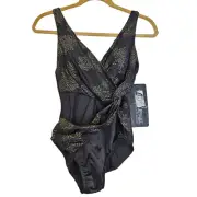 NEW Miraclesuit 8 Black Gold One Piece Slimming Swimsuit Wrap Sari Not Sari