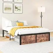 VERFARM Double Size Bed Frames with Vintage Wood Footboard, Heavy Duty Metal Platform Bed Frame Double, No Box Spring Needed, Easy Assembly, Rustic Brown