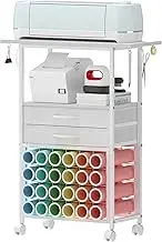 VENNQD Organizer and Storage Stand Compatible with Cricut Machines,Rolling Storage Cart/Shelf with 24 Vinyl Roll Holders，2 Fabric Drawer,Accessories Holder,Tool Hook for Craft Room Home (White)