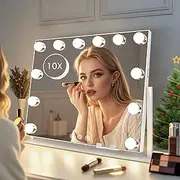 Makeup Mirror with Lights,Lighted Vanity Mirror, 19.6 x 15.7 Hollywood Mirror with 3 Color Lighting Modes, Detachable 10X Spot Mirror, 360° Rotation, Metal Frame Design,Touch Control,Plug in