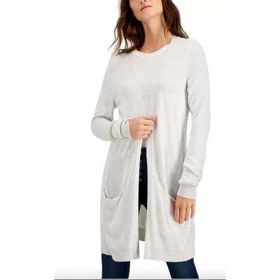 Style & Co Light Gray Knit Open Front Cozy Casual Cardigan Patch Pockets XS New