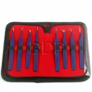 Set Of 8 Pieces Stainless Steel Blue Color Eyelash Extension Tweezers