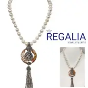 Pearl Hand Knotted Short Necklace w/ Unique Stone Tree of Life & Tassel Pendant