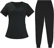 [kowaku] Women Scrubs Set Nurse Work Clothing Breathable Elastic Waist Quick Drying Solid Color Scrub Top and Pants Workwear