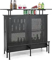 Giantex 4-Tier Home Bar Unit, Home Bar Cabinet w/ 2 Wine Storage Shelves & 6 Stemware Holders, Metal Front & Footrest, 7 Adjustable Feet, Industrial Metal Wine Bar Table for Kitchen Pub, Black