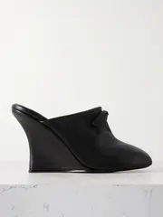 [Marie Adam-Leenaerdt] Marie Adam-Leenaerdt - Bow-embellished Leather Wedge Mules - Black - IT37 IT 37 Black