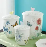 LENOX BUTTERFLY MEADOW LARGE PORCELAIN CANISTER WITH LID SET OF 3 6"-9" NEW NIB