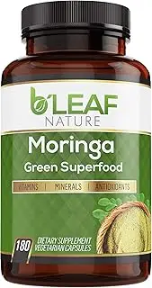 Organic Moringa 180 Capsules 1000mg - Immune System and Energy Booster - Pure Moringa Oleifera Leaf Powder - Nutritional Supplement – Vegetarian Caps by B’Leaf Nature