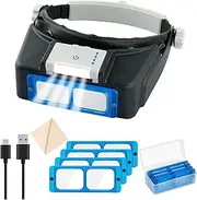 Headband Magnifier with LED Light, Rechareable 1.5X - 3.5X Optical Magnifying Headset with 4 Lenses, Jewelers Magnifying Glass Optivisor Loupe Visor for Close Work