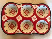 DUTCH WAX Coatline Imports Hand Painted Ceramic Muffin Pan - RED