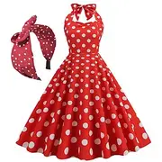 Retro Vintage 1950s Vintage Inspired Knee Length Cocktail Dress Headband Swing Dress Sleeveless Bow Polka Dot Fit Flare Halter Neck Women's Carnival Valentine
