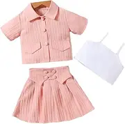 [COOLOYA] Girl's 3 Piece Set Button Down Short Sleeve Shirt & Skater Skirts & Cami Tops