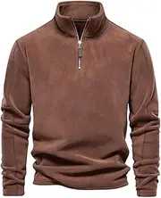 [HanZhuoAu] Men’s Quarter Zip Thermal Fleece Pullover Long Sleeve Sweatshirt Pure Color Trendy Loose Tops