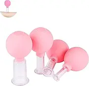 Facial Cupping Set, 4 Pieces Face Massage Suction Cup, Plastic Physiotherapy Cupping with Silicone Ball, Suitable for Firm Skin, Wrinkle Reduction, Detoxification, Stimulation Lymphatic Flow (Pink)