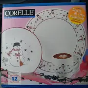 Rare NIB Corelle Frosty Morn Dishes Set 12 Pc Dinner Plate Soup Bowl Mug Snowman